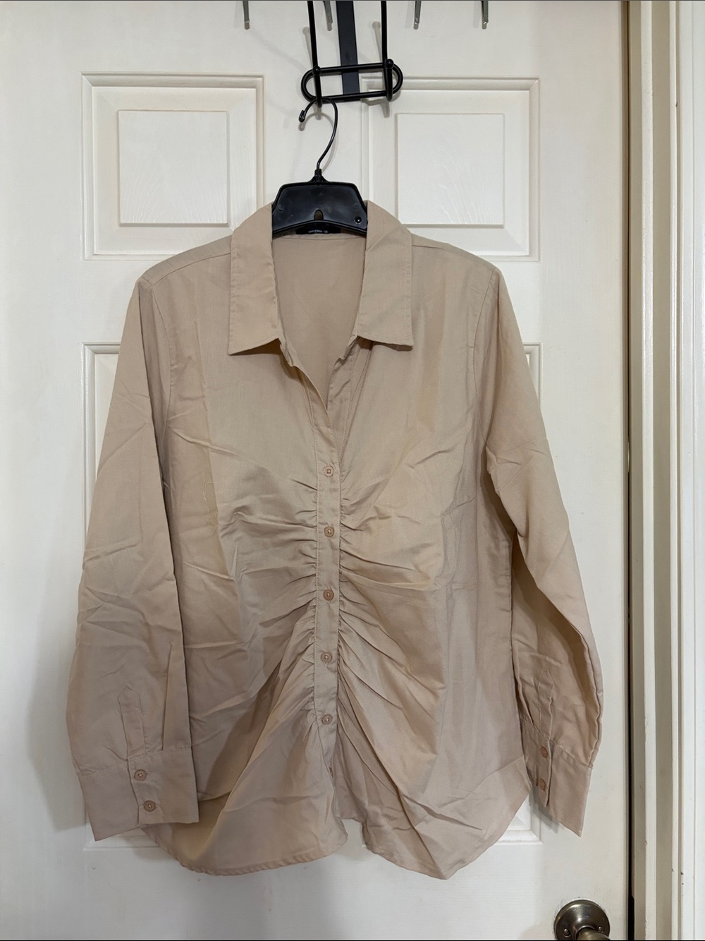 Women's Ruched Beige Button-Down Shirt - Collared Long Sleeve